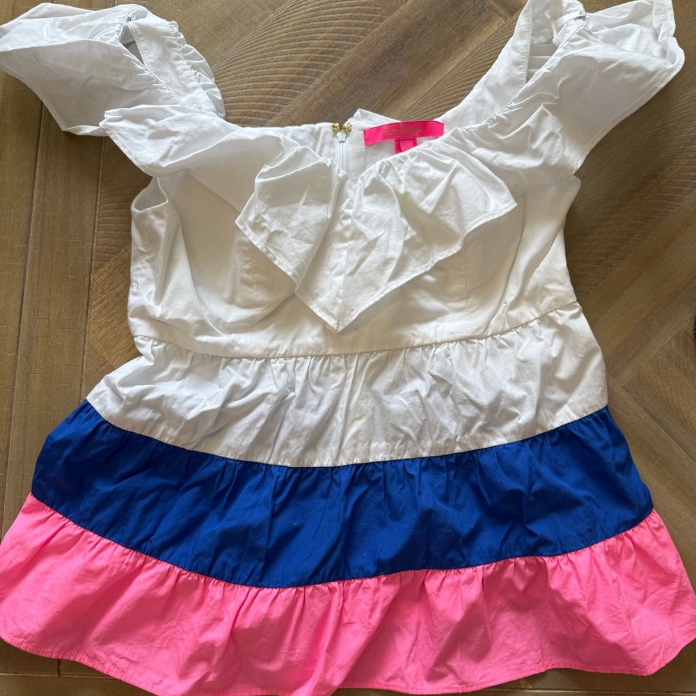 Lilly Pulitzer White, Blue, and Pink Ruffled Off the shoulder top